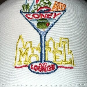 Coney Island Picnic; White and Blue Cap with Embroidered Design